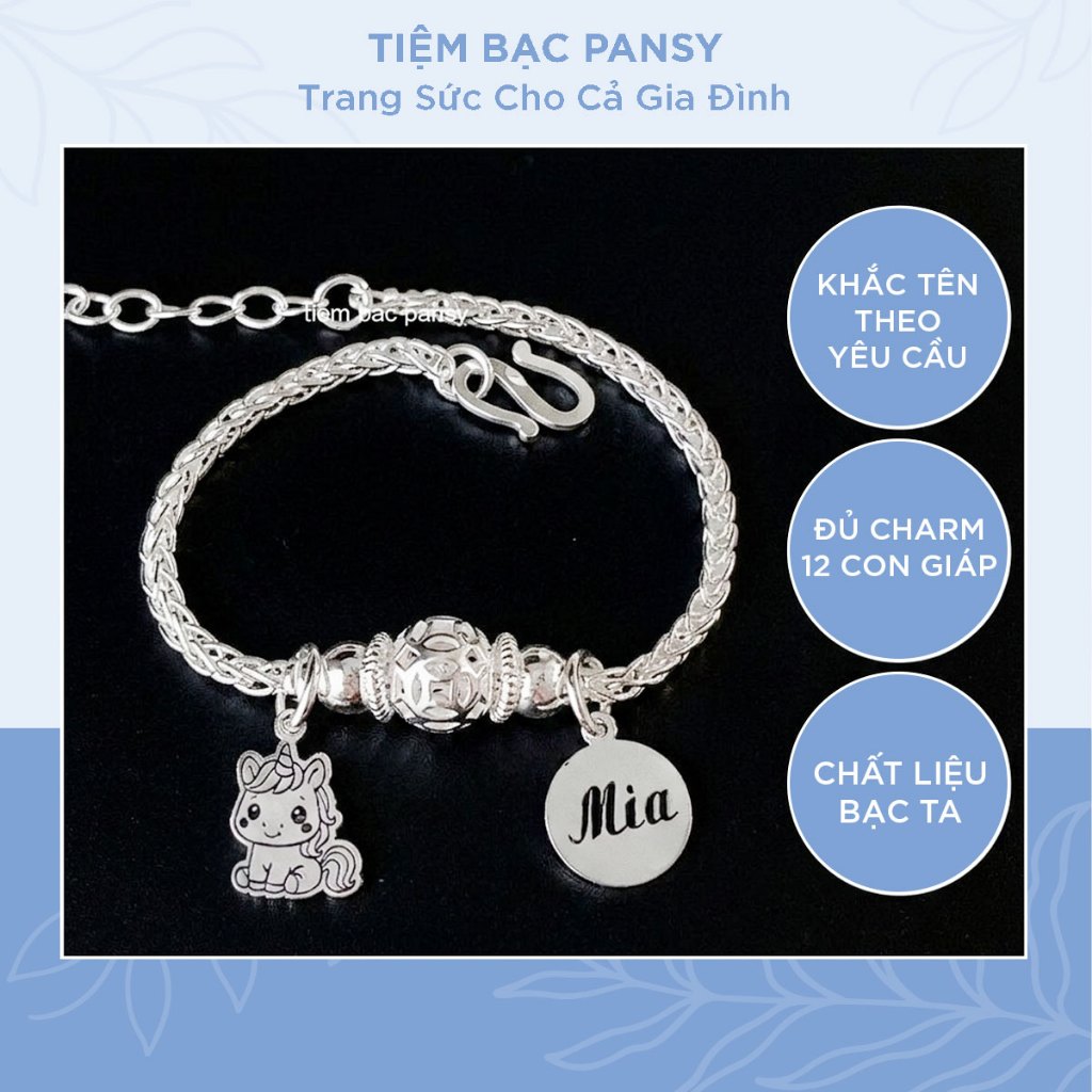 Lắc bạc bi kim tiền khắc tên mix charm con giáp cho bé - Lắc bạc ta trẻ em PANSY