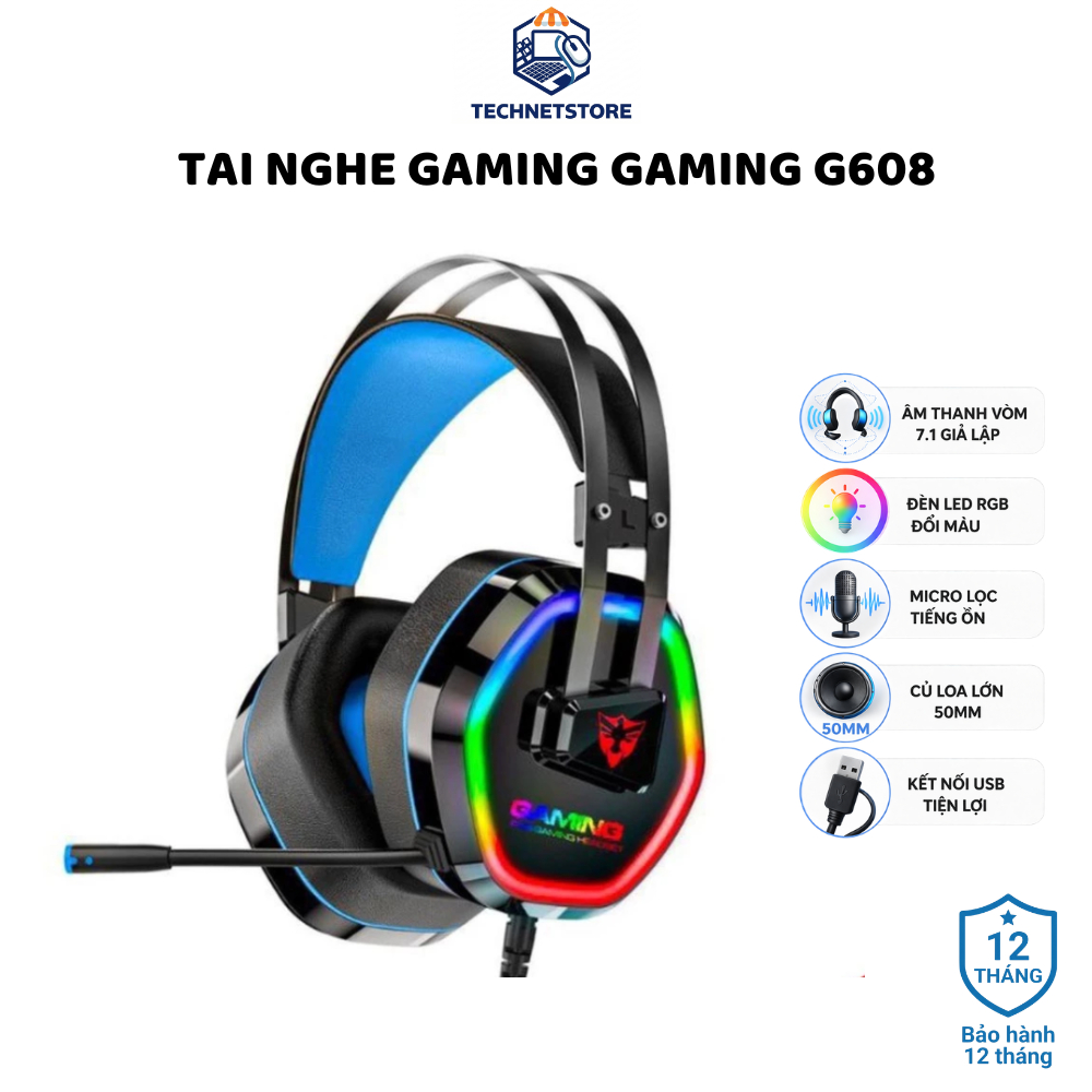 Tai Nghe Gaming G608 Âm Thanh Vòm 7.1 -  LED RGB Đổi Màu, Mic Chống Ồn, Khung Kim Loại Bền Bỉ