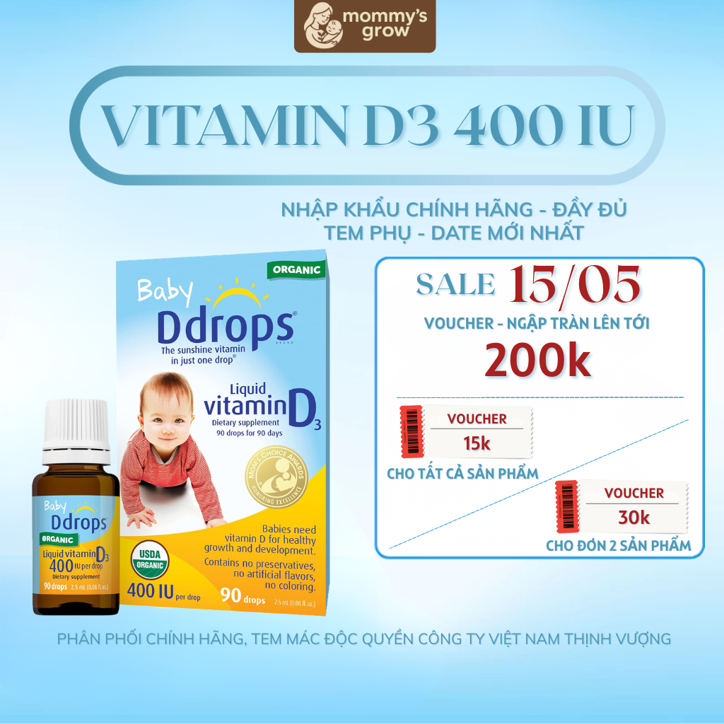 Vitamin D3 Baby Ddrops 400 IU 90 giọt Canada bổ sung vitamin d3 hỗ trợ phát triển cho bé