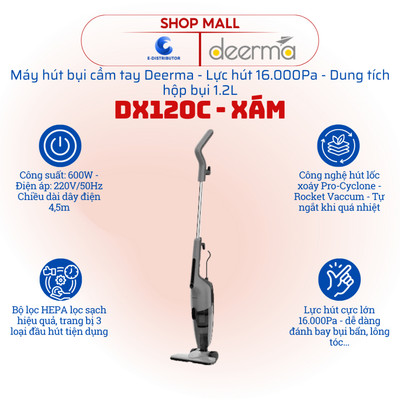 [HỎA TỐC] Máy hút bụi cầm tay Deerma DX120C - Công suất 600W - Lực hút 16.000Pa - Hàng chính hãng