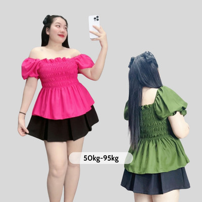 Áo Kiểu Bigsize Nữ tay Ngắn Phồng Nhún Bèo Vạt Xòe Dễ Thương Nhún Chun Toàn Thân Vải Lụa Chéo SM33