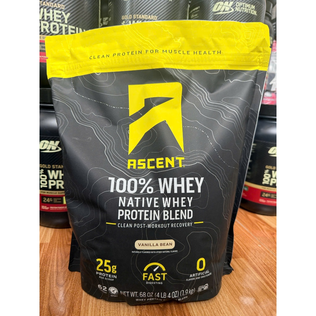 Ascent 100% Whey NATIVE WHEY PROTEIN - Túi 4Lbs (1.9kg) - 62 lần dùng - Hỗ trợ tăng cơ, giảm mỡ