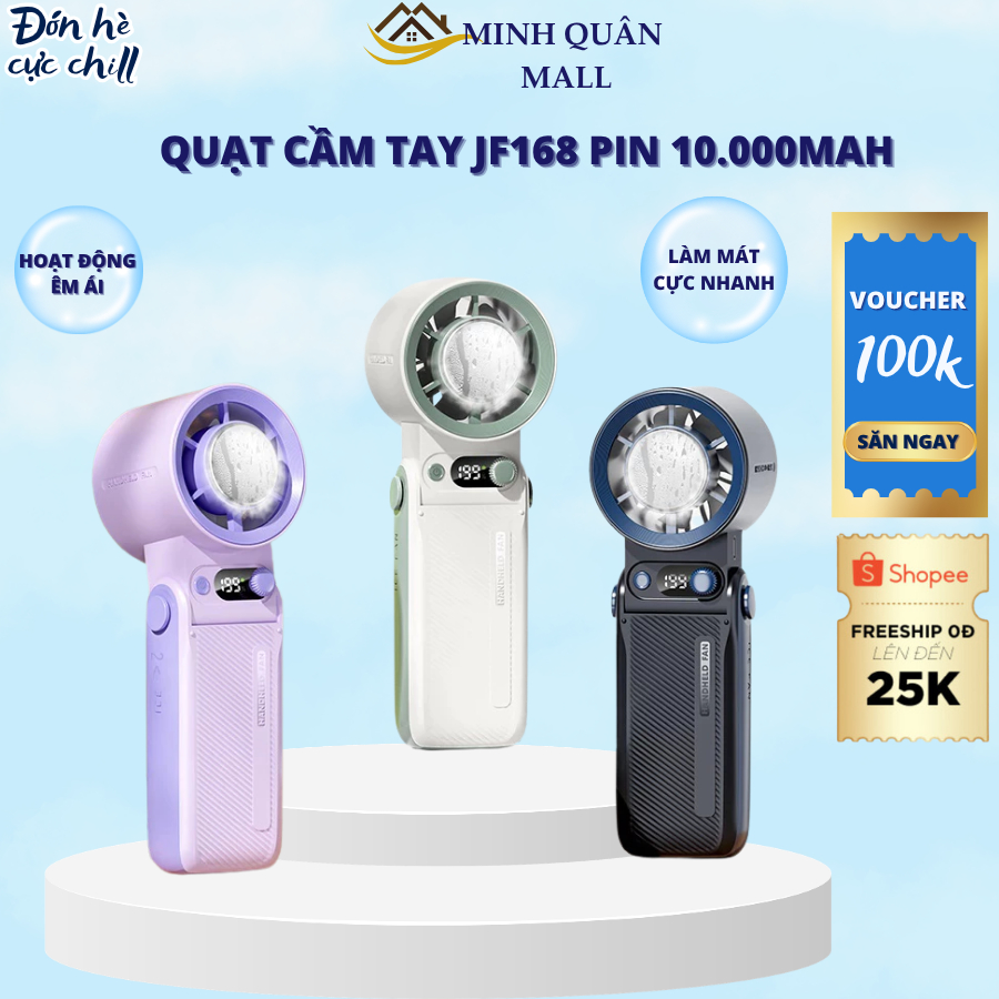 Quạt Tích Điện Cầm Tay Mini JF168 Có Sò Lạnh Quạt Turbo 199 Tốc Độ Gió 10000Mah , Đeo Cổ Làm Mát - B