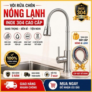 💧 Vòi Rửa Chén Nóng Lạnh Inox 304 Cao Cấp – Xoay 360°, 2 Chế Độ Nước, Lò Xo Dẻo