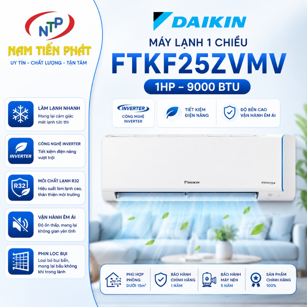 Máy lạnh Daikin 1 chiều Inverter FTKF25ZVMV 1HP 9000 BTU