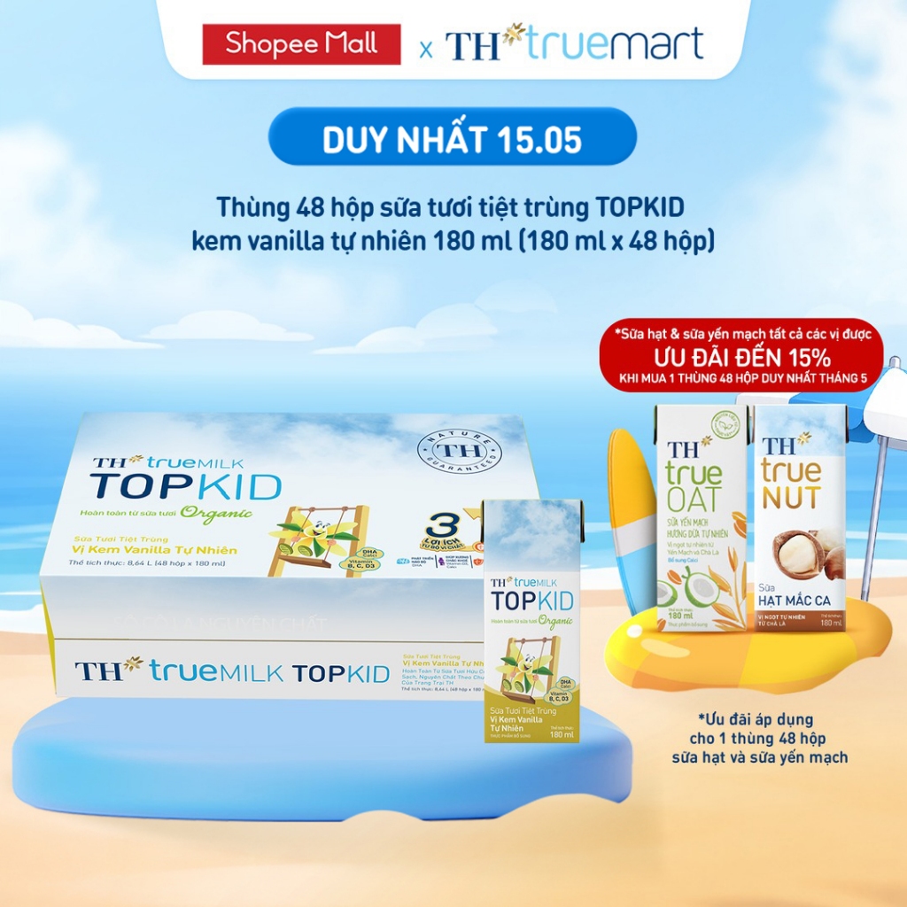 Thùng 48 hộp sữa tươi tiệt trùng TH true MILK TOPKID Organic vị kem vanilla tự nhiên 180ml (180ml x4