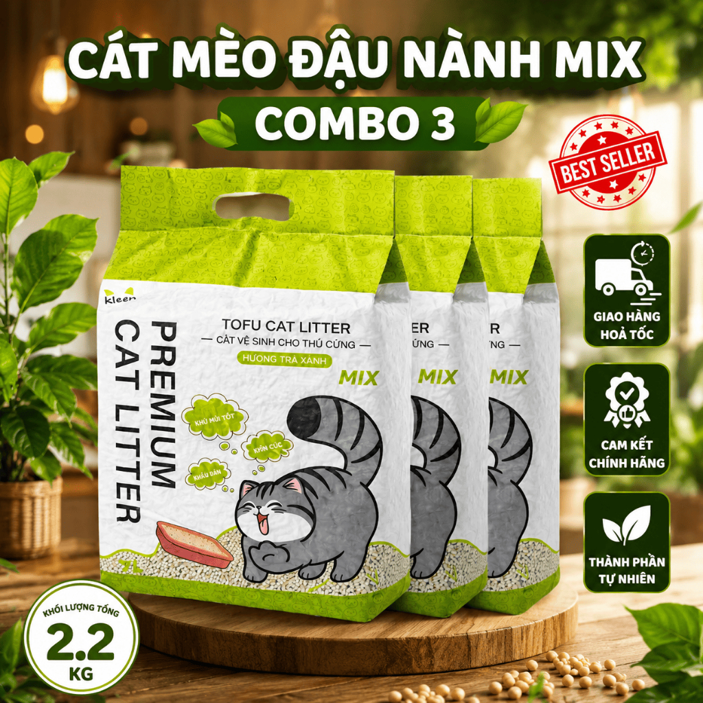 Combo 3 túi Cát Mèo Đậu Nành Mix Đất Sét Kleen Cat, Cát Vệ Sinh Mèo Đậu Nành Trộn Sẵn