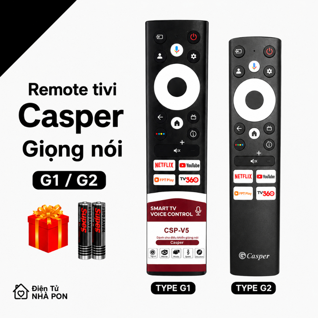 Remote điều khiển tivi Casper Mã 10 [Chọn Mẫu], giọng nói, casper 43FGK610 - Tặng pin