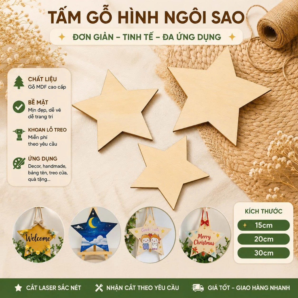 Tấm gỗ hình ngôi sao - hình trái tim 15cm - 30cm- Gỗ Plywood cao cấp