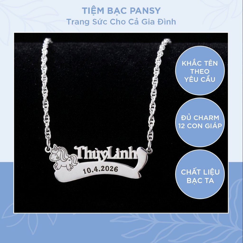 Vòng cổ bạc khắc tên cho bé charm con giáp