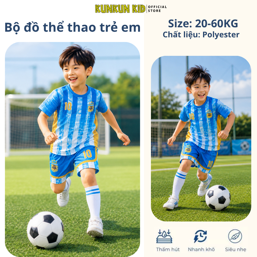 Đồ bộ thể thao bé trai in 3D Cầu Thủ số 10 Messi màu xanh  - Đá bạn, bóng rổ TP1290 - Kunkun Kids