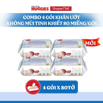 Combo 4 gói khăn ướt Huggies Tinh khiết (không mùi) cao cấp đa năng (80 miếng/gói)