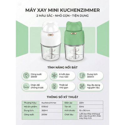 Máy Xay Thực Phẩm Mini Kuchenzimmer 013642 - Dung Tích 300ml, 6 Lưỡi Dao Inox 420, Công Suất 200W