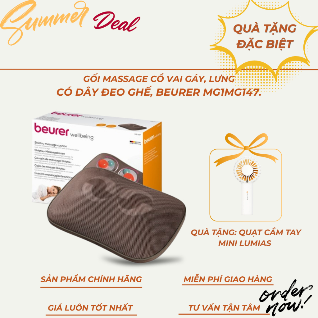 Beurer gối massage MG147 có điều khiển - công suất 12W. Quà tặng: Quạt điện cầm tay mini