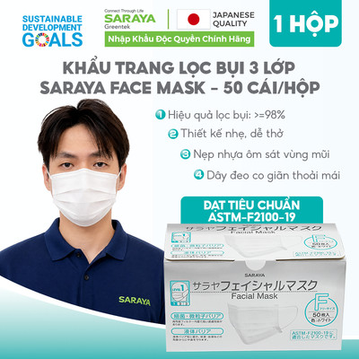 Khẩu trang lọc bụi 3 lớp Nhật Bản SARAYA FACE MASK, đạt tiêu chuẩn ASTM-F2100-19, thiết kế nhẹ và dễ thở - 50 cái/hộp