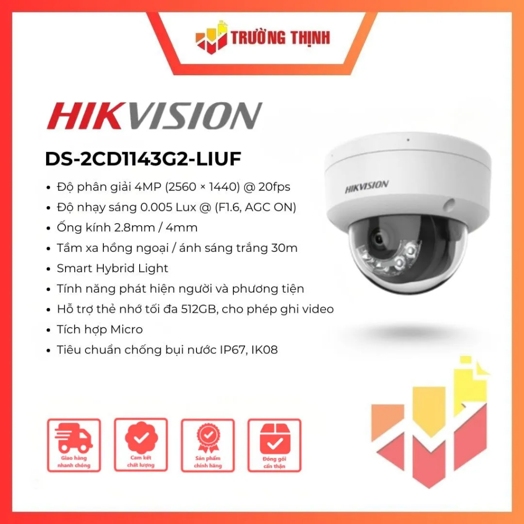 Camera Hikvision DS-2CD1143G2-LIUF | Chuẩn IP 67 | 4MP | Hồng ngoại + ánh sáng trắng 30m
