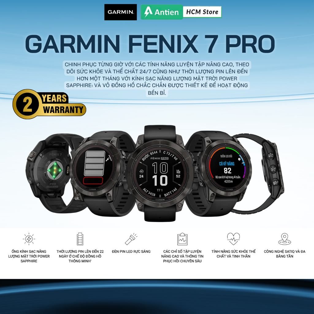 Đồng hồ thể thao thông minh Garmin Fenix 7 Pro - Sapphire Solar, Titanium Hàng chính hãng - BH 12 th