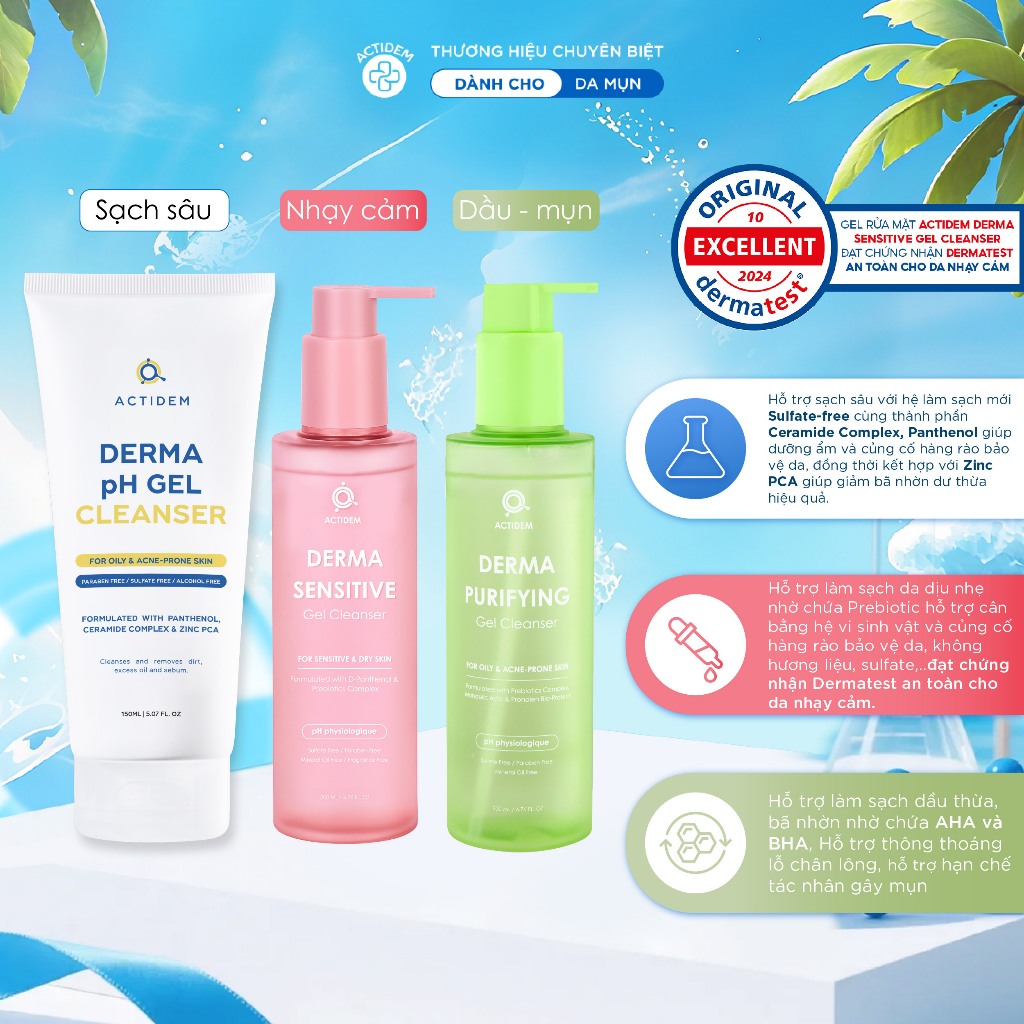 Gel rửa mặt cho da dầu, nhạy cảm, da hỗn hợp Actidem Derma pH/Sensitive/Purifying Gel Cleanser 30/15