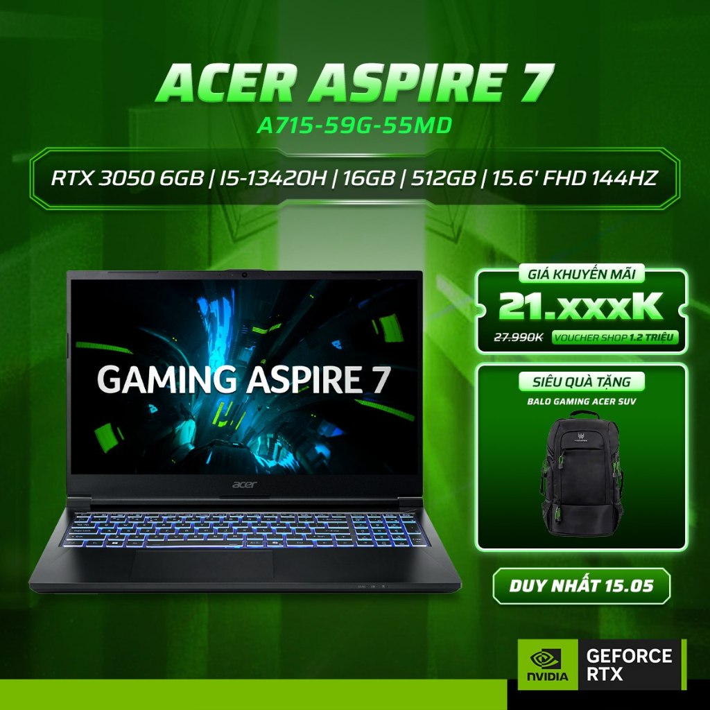 Laptop Gaming Acer Aspire 7 A715-59G-55MD Card đồ họa GeForce RTX™ 3050 6GB / Chip i5-13420H