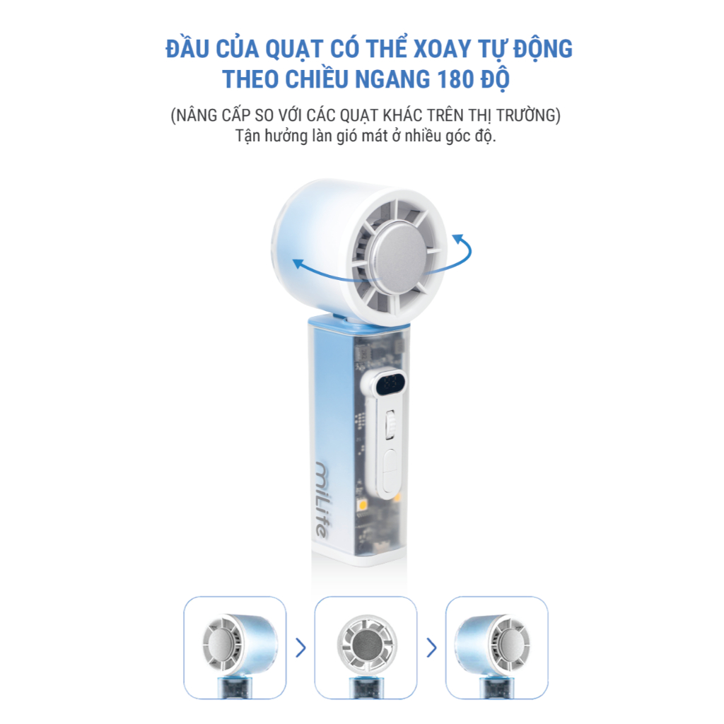 Quạt cầm tay sò lạnh miLife K75 xoay tự động, núm xoay cuốn chiếu, gió 8.1m/s | BigBuy360 - bigbuy360.vn