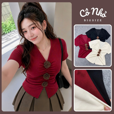 Áo Thun Kiểu Bigsize Nữ Tay Ngắn Phối Hoa Tiểu Thư Nhẹ Nhàng Cổ Tim Tôn Dáng A275