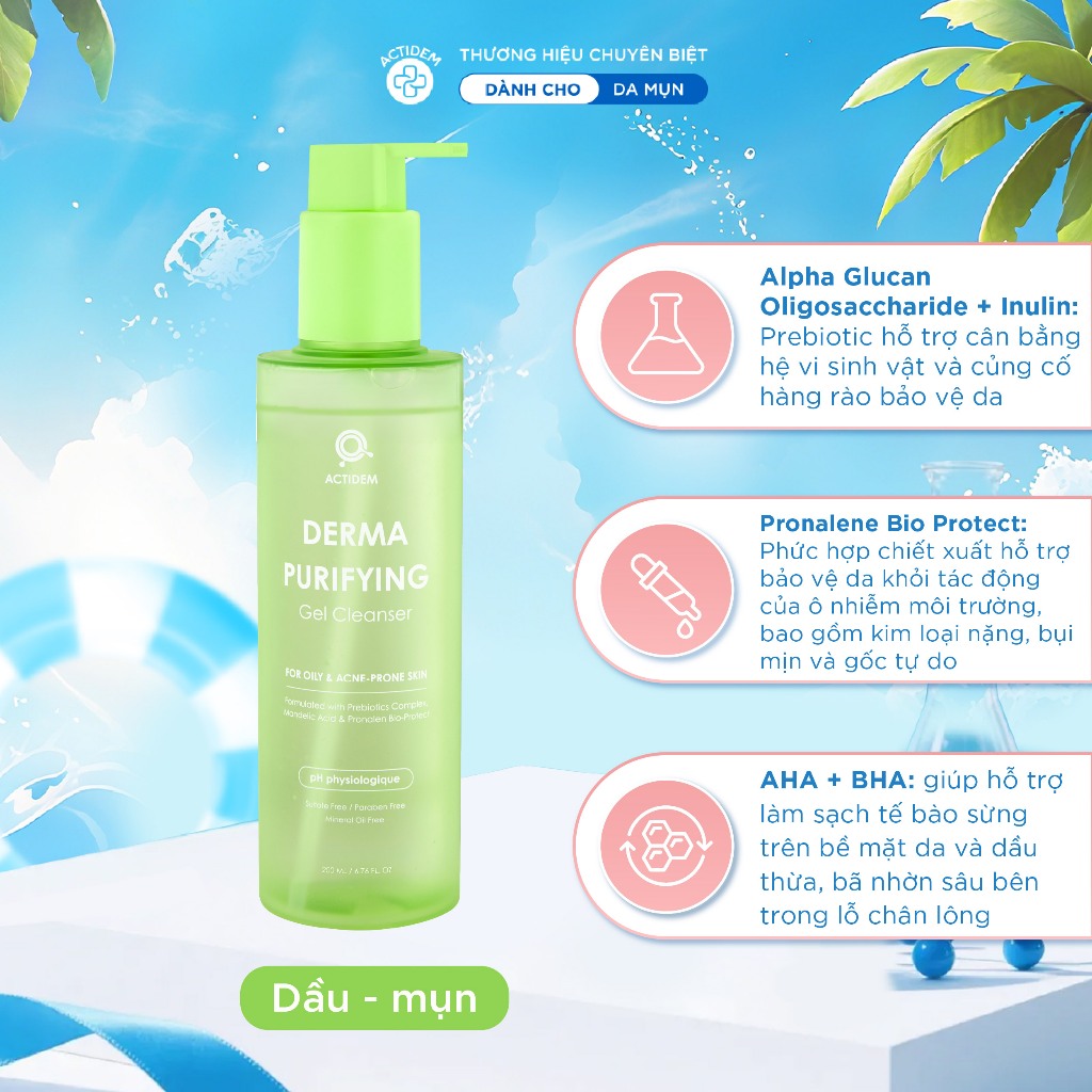 Gel rửa mặt dành cho da dầu mụn, nhạy cảm Actidem Derma Purifying Gel Cleanser 180/200ml