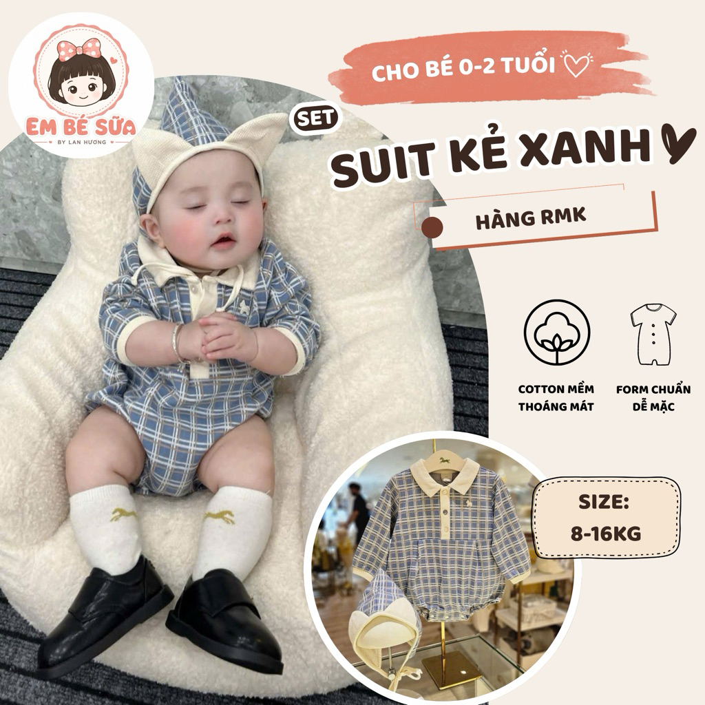 Set ettoi rmk tone xanh kẻ sọc kèm mũ cực đẹp cho bé