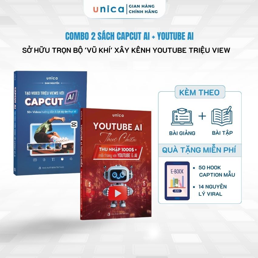 Combo 2 sách Tạo video triệu views với Capcut AI và Youtube AI thực chiến