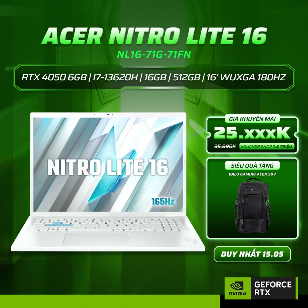 Laptop Gaming Acer Nitro Lite 16 NL16-71G-71FN Card GeForce RTX™ 4050 6GB / i7-13620H / 16GB | 512GB