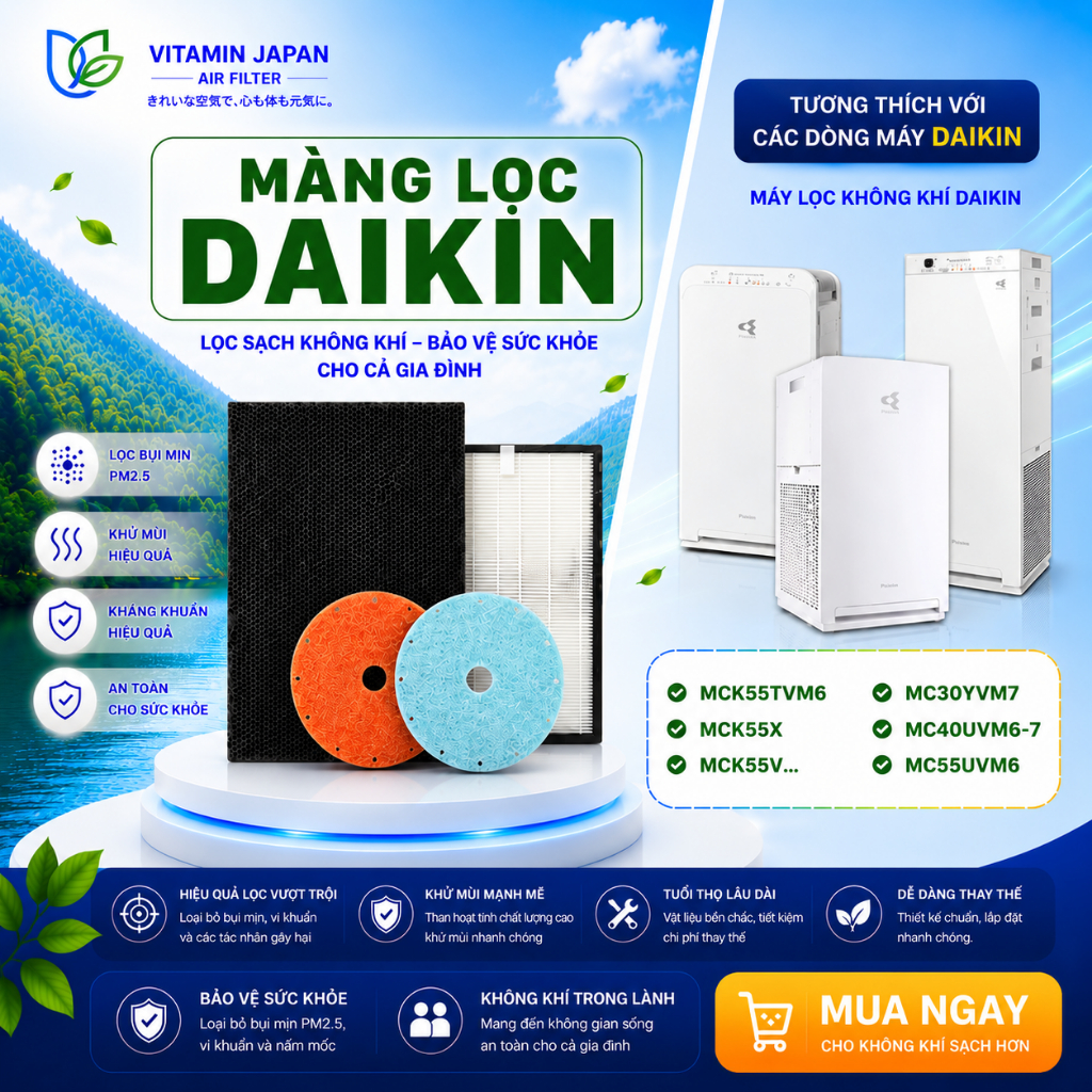 Màng Lọc Không Khí Daikin: MC30YVM7, MC40UVM6-7, MC55UVM6, MCK55TVM6, MCK55X, MCK55V…Màng Lọc Hepa