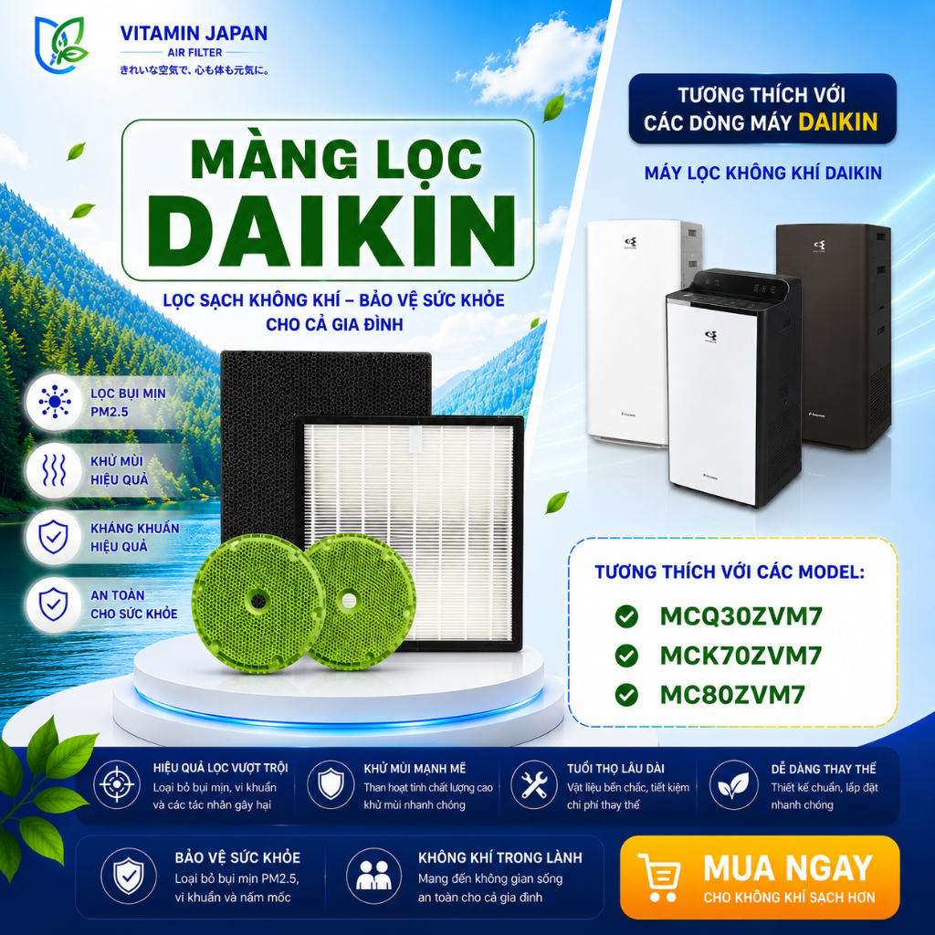 Màng Lọc Không Khí Daikin: MC80ZVM7, MCK70ZVM7,..Màng Lọc Hepa, Màng Lọc Than, Màng Bù Ẩm