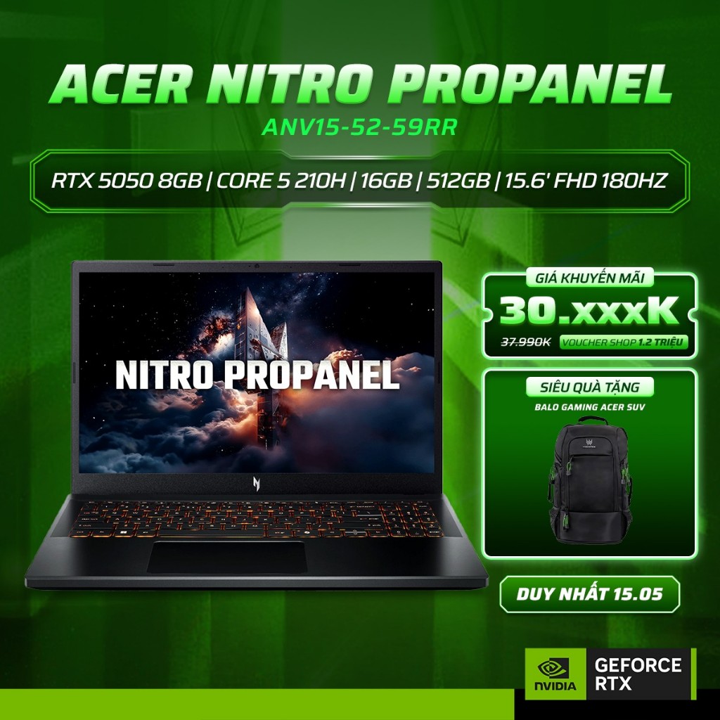 Laptop Gaming Acer Nitro V 15 ProPanel ANV15-52-59RR GeForce RTX™ 5050 8GB  Core 5 210H 16GB  512GB
