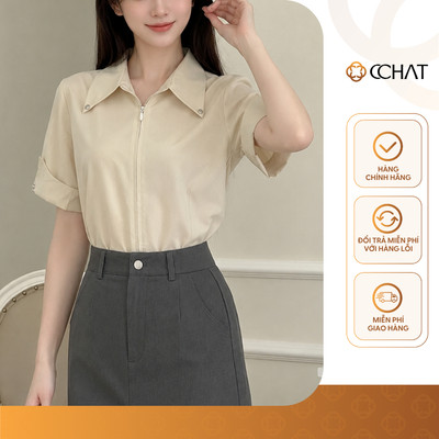 Áo Sơ Mi Nữ 𝐂𝐂𝐇𝐀𝐓 Dáng Suông Cổ Khuy Trang Trí Chất Liệu Thô Bamboo Cao Cấp 16FNT8049OT