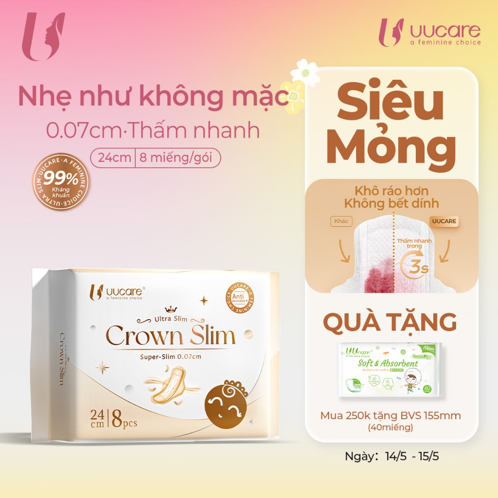 【Ưu đãi có thời hạn】UUcare Crown Slim Siêu Mỏng 0.07cm Kháng khuẩn Siêu thấm Ban Ngày 24cm 8 Miếng