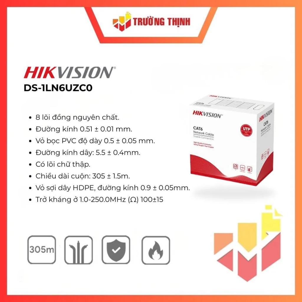 Cáp mạng CAT6 Hikvision DS-1LN6UZC0 | Lõi đồng nguyên chất | Hỗ trợ PoE | Cuộn 305m