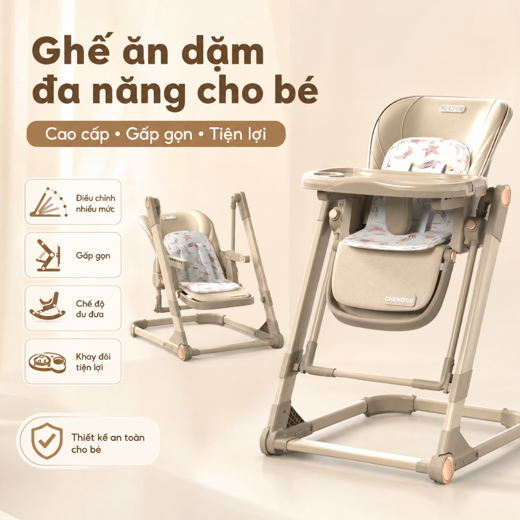 ghế ăn dặm cho bé Beige Ghế bập bênh, có thể gập lại, khay đôi, tựa lưng điều chỉnh được.