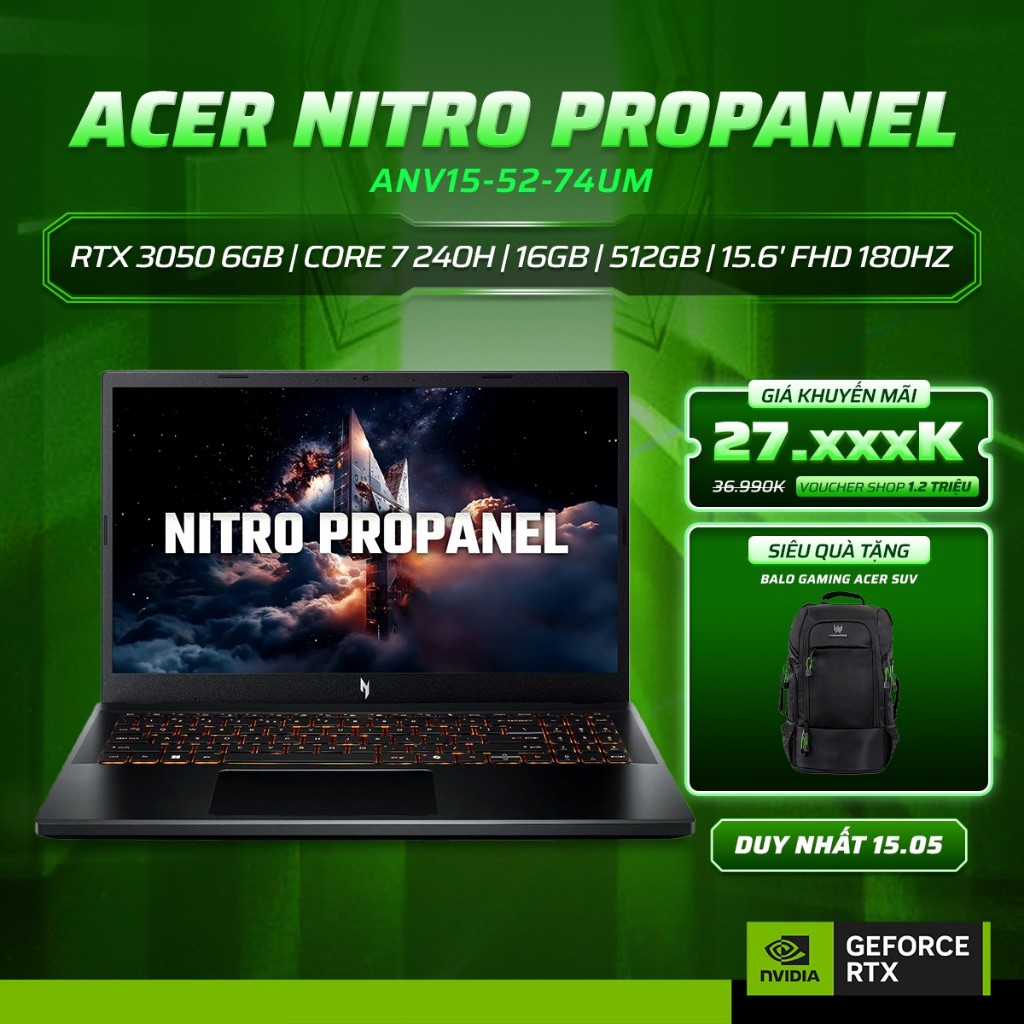 Laptop Gaming Acer Nitro V ProPanel ANV15-52-74UM GeForce RTX™ 3050 6GB / Core 7 240H / 16GB/ 512GB