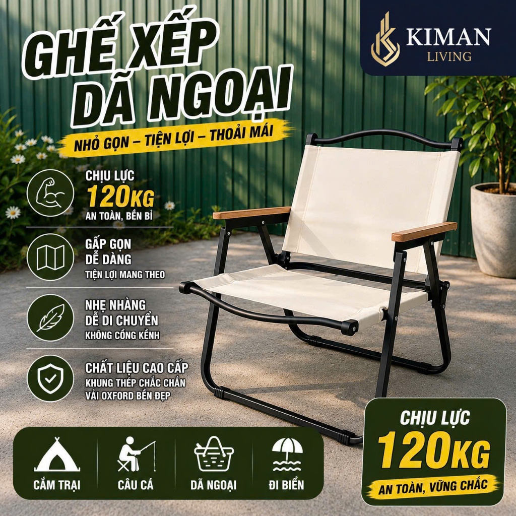 Ghế Camping Gấp Gọn KIMAN, Ghế Cà Phê Gấp Gọn, Ghế Gấp Gọn Khung Sắt Sơn Tĩnh Điện - Trắng kem