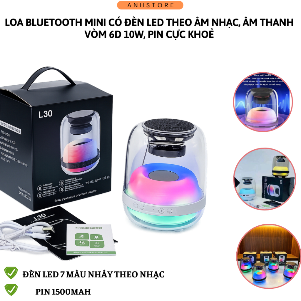 [L30] Loa Bluetooth Mini L30 Công Suất 10W, Bass Rung Mạnh, Đèn LED Nháy Theo Nhạc, Thiết Kế Sang Tr