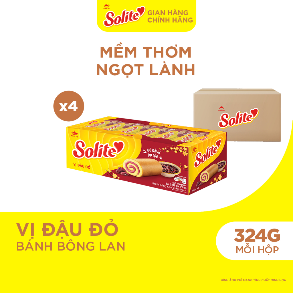 Combo 4 Khay Bánh Bông Lan Solite Cuộn Kem Vị Đậu Đỏ 324g