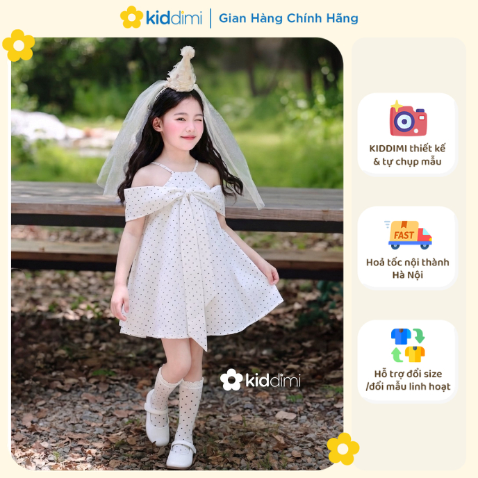 (Chính hãng Kiddimi) Váy trễ vai chấm bi đáng yêu, tiểu thư, thanh lịch cho bé gái - MONY DRESS