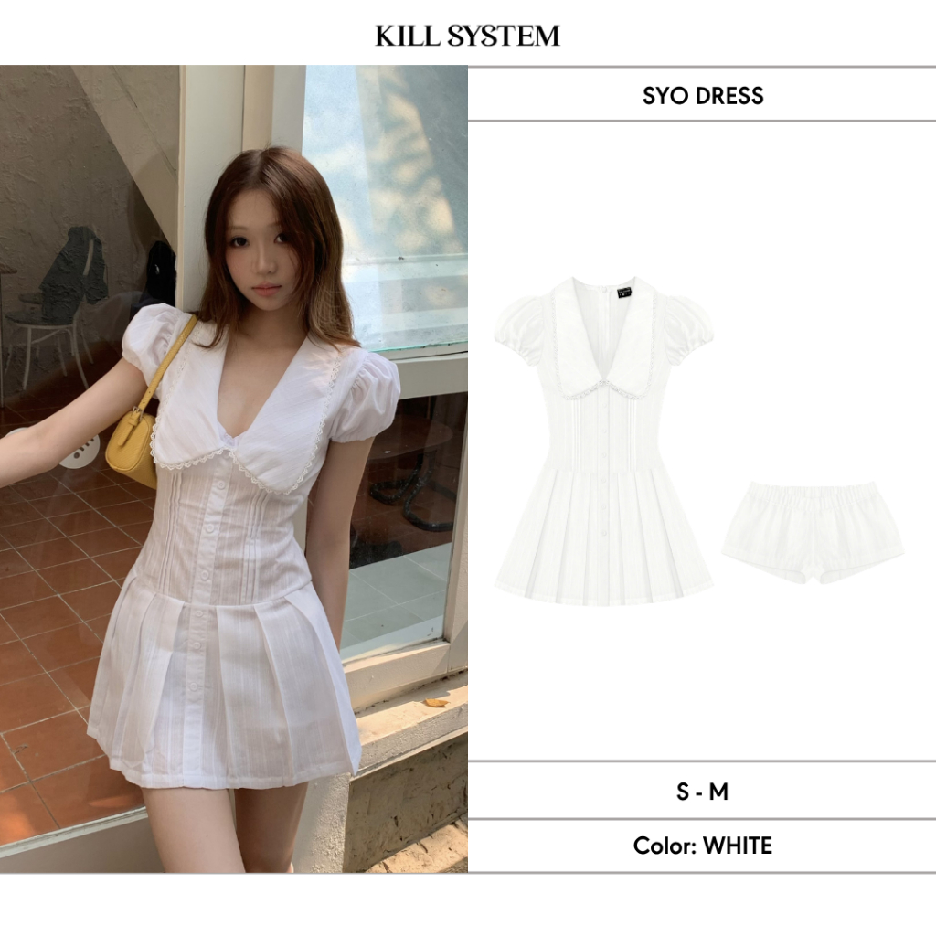 Đầm xếp ly tay phồng cổ chữ khoét sâu SYO - 𝐊𝐈𝐋𝐋 𝐒𝐘𝐒𝐓𝐄𝐌