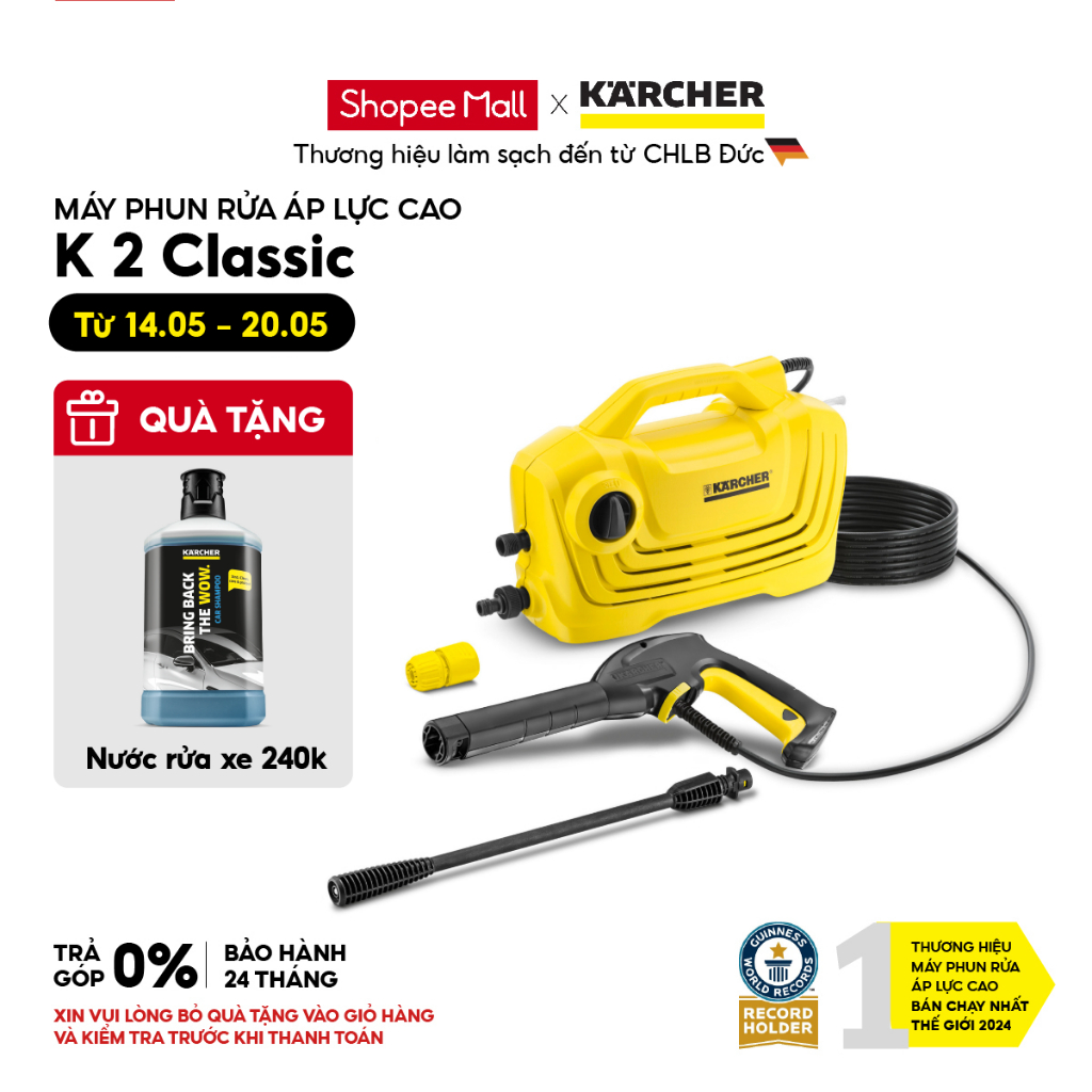 Máy Rửa Xe KARCHER Cầm Tay K2 Classic Động Cơ Chổi Than Áp Lực Cao Giúp Làm Sạch Xe Máy, Sân vườn dư