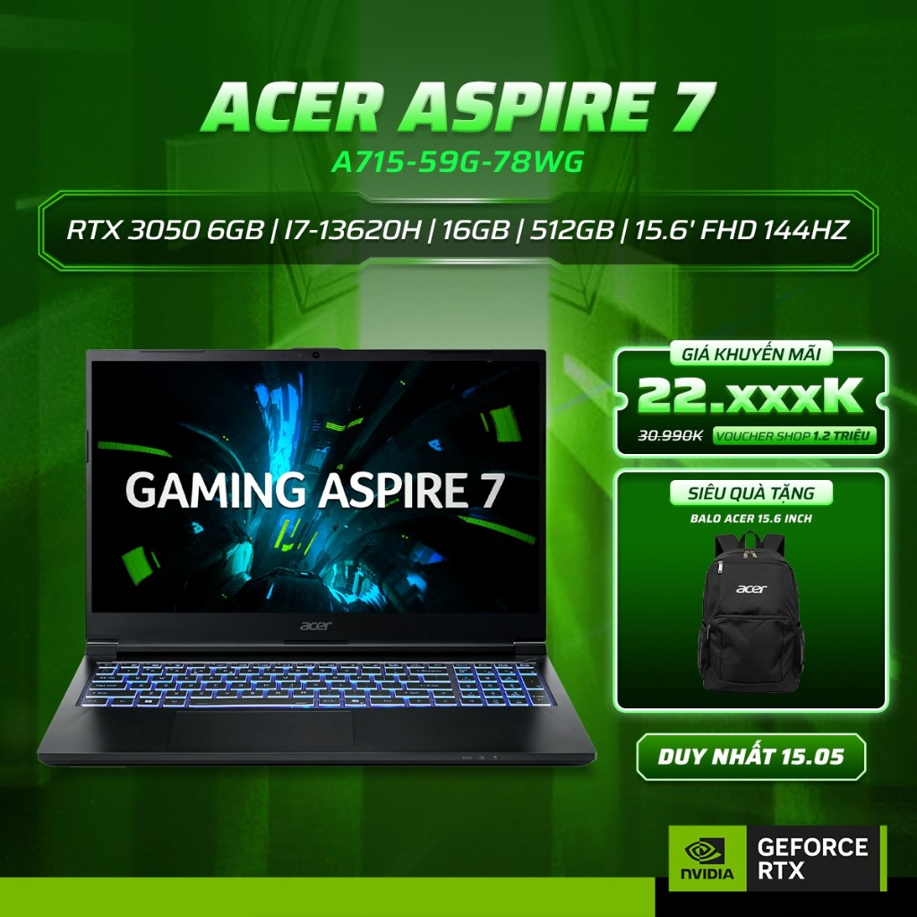 Laptop Gaming Acer Aspire 7 A715-59G-78WG  GeForce RTX™ 3050 6GB  / Chip i7-13620H