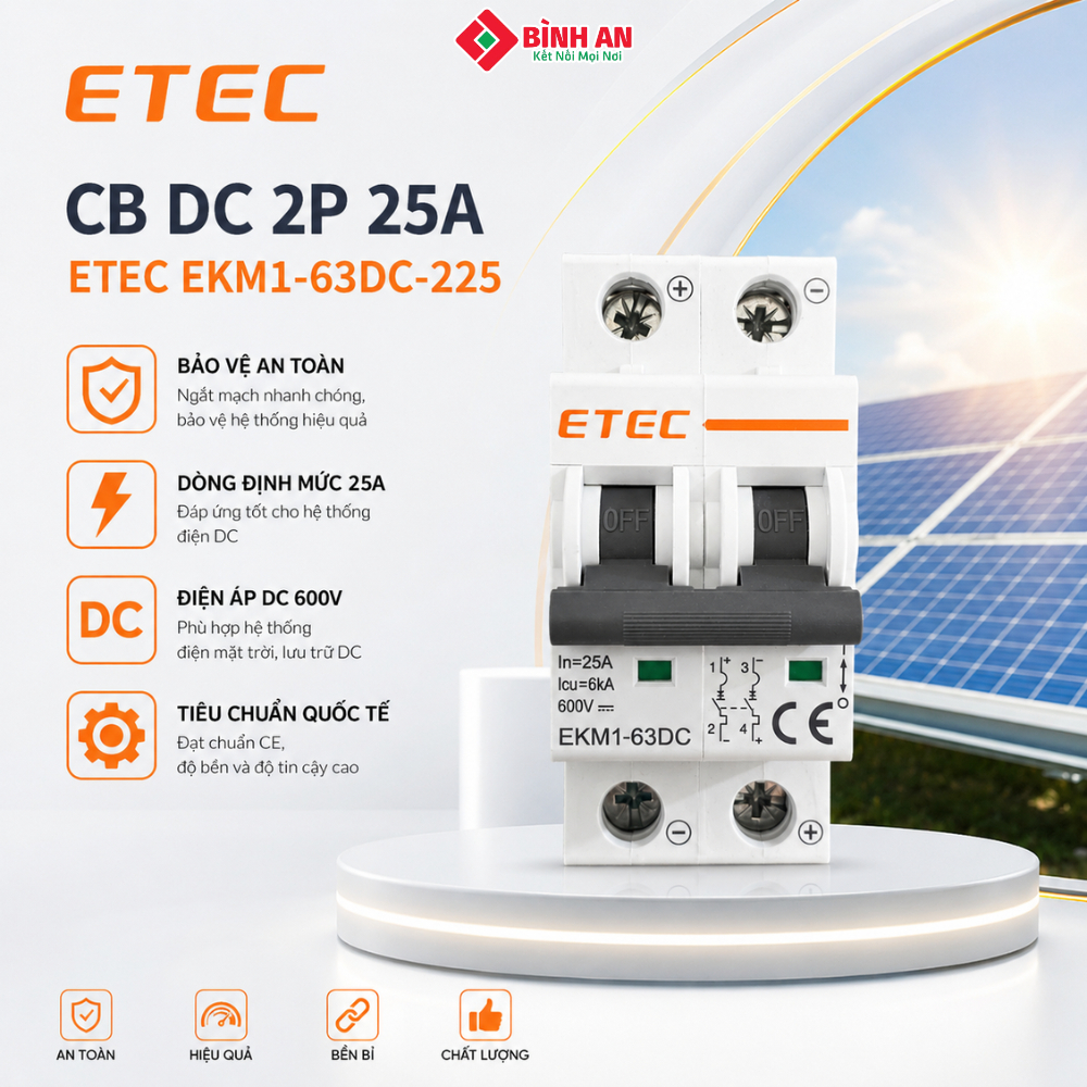 CB DC 2P 25A, ETEC EKM1-63DC-225(FV 8%) I Phụ kiện năng lượng mặt trời