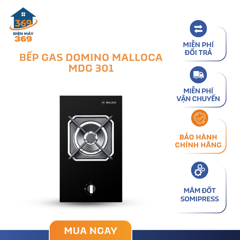 Bếp Gas Âm Domino Malloca MDG 301 - Công Suất 4600W - Mâm Đốt Sabaf Cao Cấp - SMC
