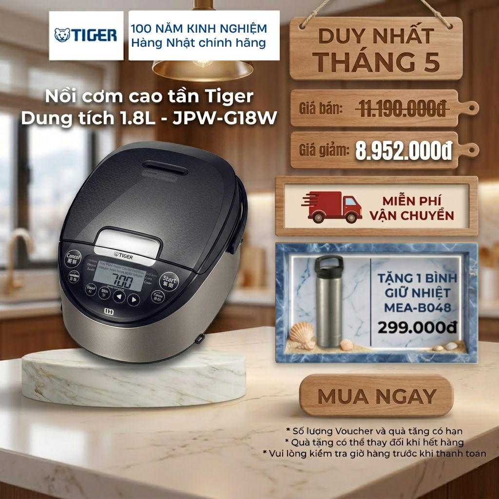 Nồi cơm điện cao tần Tiger 1.8 Lít - Nấu cơm với hơn 100 năm kinh nghiệm - JPW-G18W- Hàng chính hãng