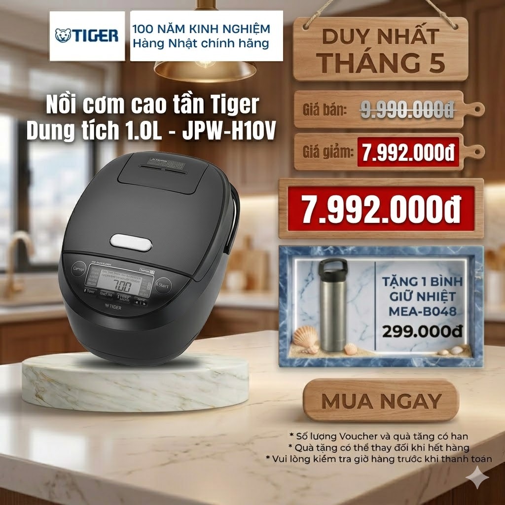Nồi cơm điện cao tần Tiger 1 Lít - 14 chế độ nấu thông minh - JPW-H10V - Hàng chính hãng
