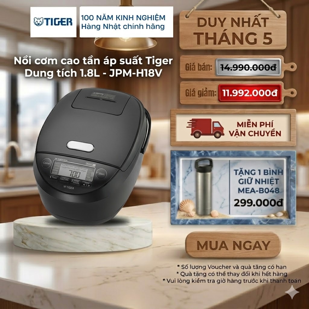 Nồi Cơm Điện Cao Tần Tiger 1.8 Lít - 14 chế độ nấu thông minh - JPW-H18V - Hàng chính hãng