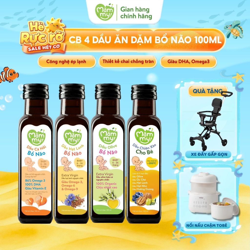 Combo 4 Dầu Ăn Dặm Cho Bé 6 tháng dầu bổ não Mămmy Cá hồi, Hạt lanh, Olive, Chiên xào chai 100ML